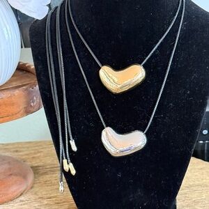 2 Gold & Silver Heart Pendant Necklaces on Black Cord never worn